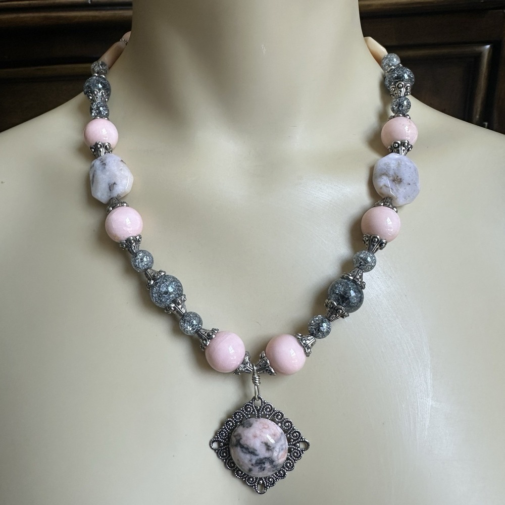 Artisan Pendant Necklace 20.5 Inch Rhodonite Crackle Glass Silver Tone Filigree